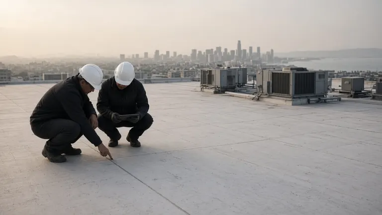 Illustrative: two roof professionals reviewing a membrane seam on a flat commercial roof
