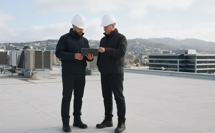 Illustrative: two roofing professionals reviewing a condition report on a tablet on a flat commercial roof