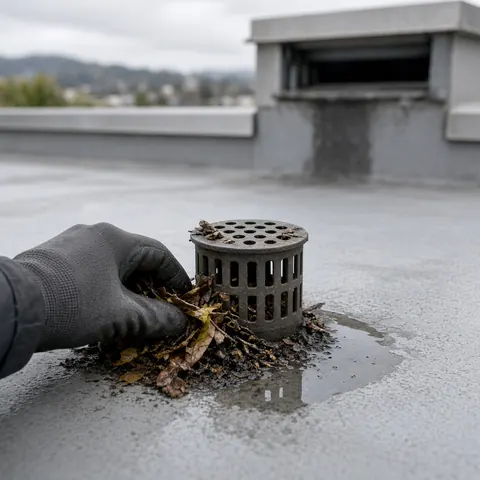 Illustrative: a gloved hand clearing leaves from a roof drain strainer