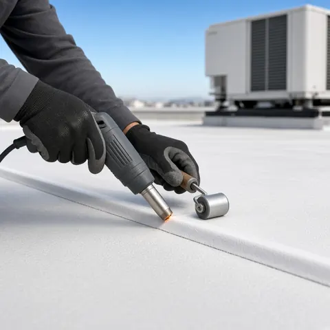Illustrative: a technician hot-air welding a seam on a white single-ply membrane
