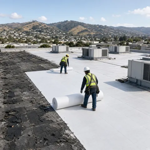 Illustrative: roofers unrolling new white membrane beside a torn-off section of old roof